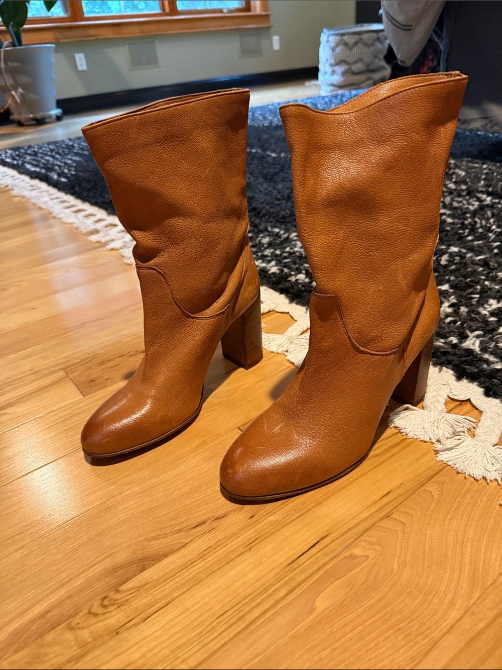 Free People Cognac Leather Mid-Calf Block Heel Boots